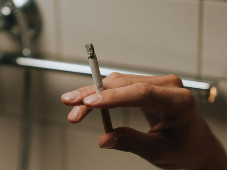 Close-up of a hand holding a lit cigarette between the index and middle fingers.