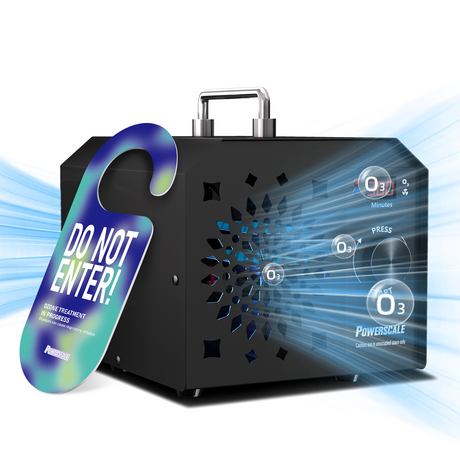 POWERSCALE portable ozone generator with metal handle and digital control panel showing O3 settings