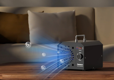 Ozone generator operating in a living room, releasing O3 molecules into the air.