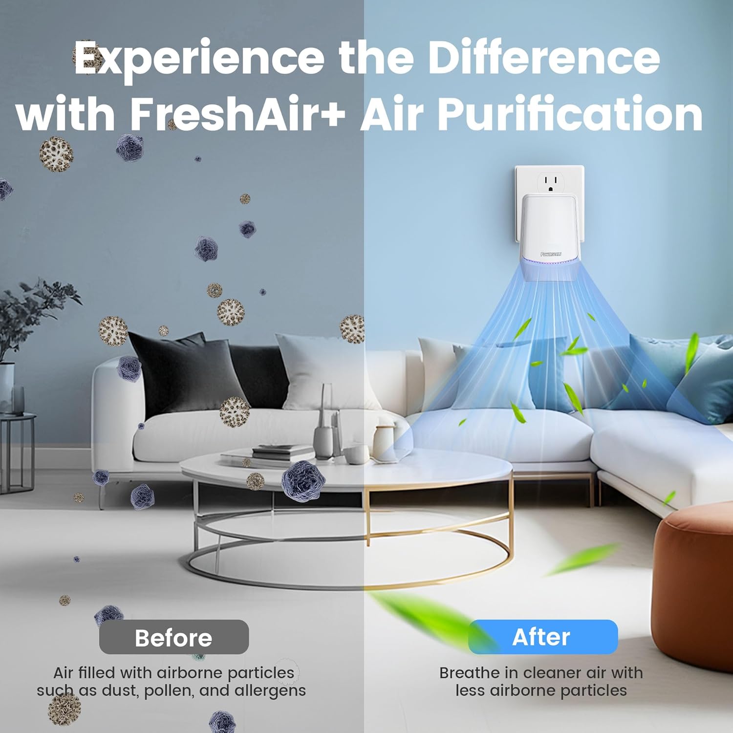 FreshAir+ Air Ionizer: Before/After air quality comparison, with text 'Experience the Difference'.