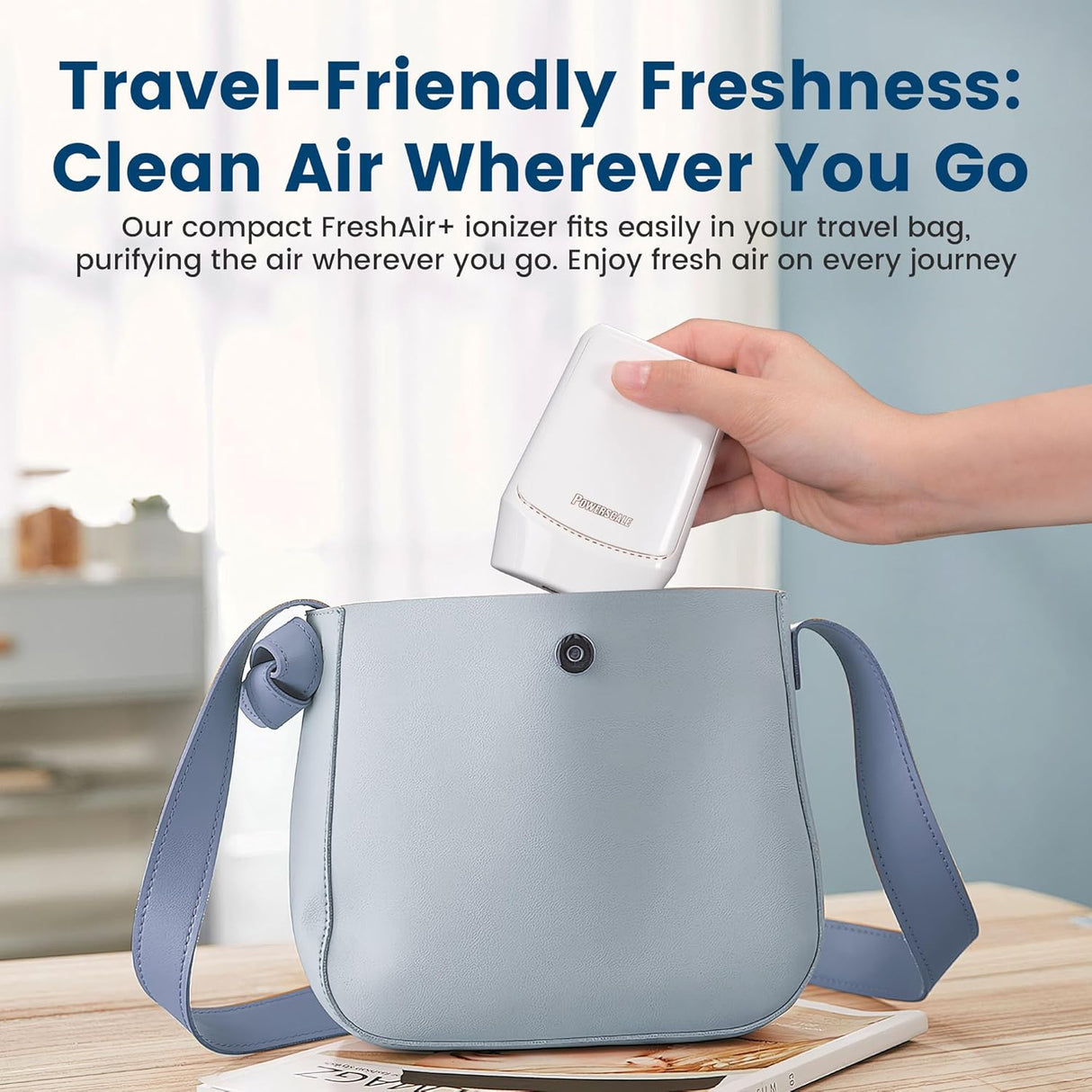 FreshAir+ ionizer, compact & travel-friendly for clean air on the go, shown with bag