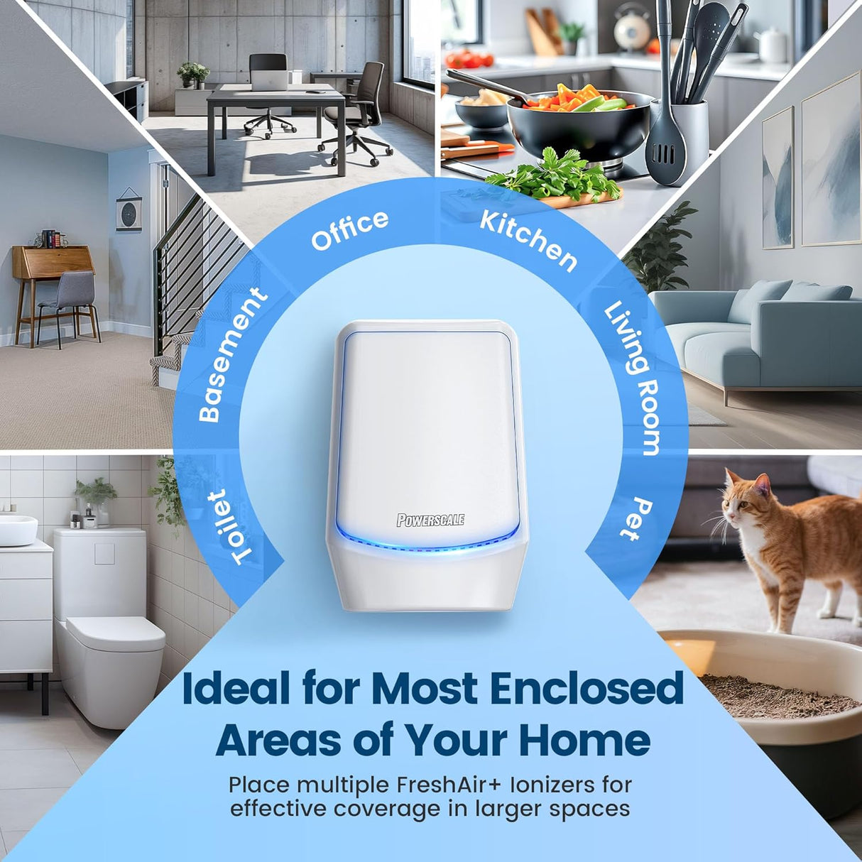 FreshAir+ Ionizer, shown in home areas: office, kitchen, living room. Ideal for enclosed spaces.