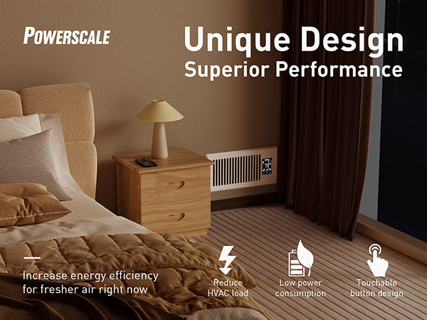 Powerscale Smart Vent fan in a bedroom: Unique design, energy efficient air.
