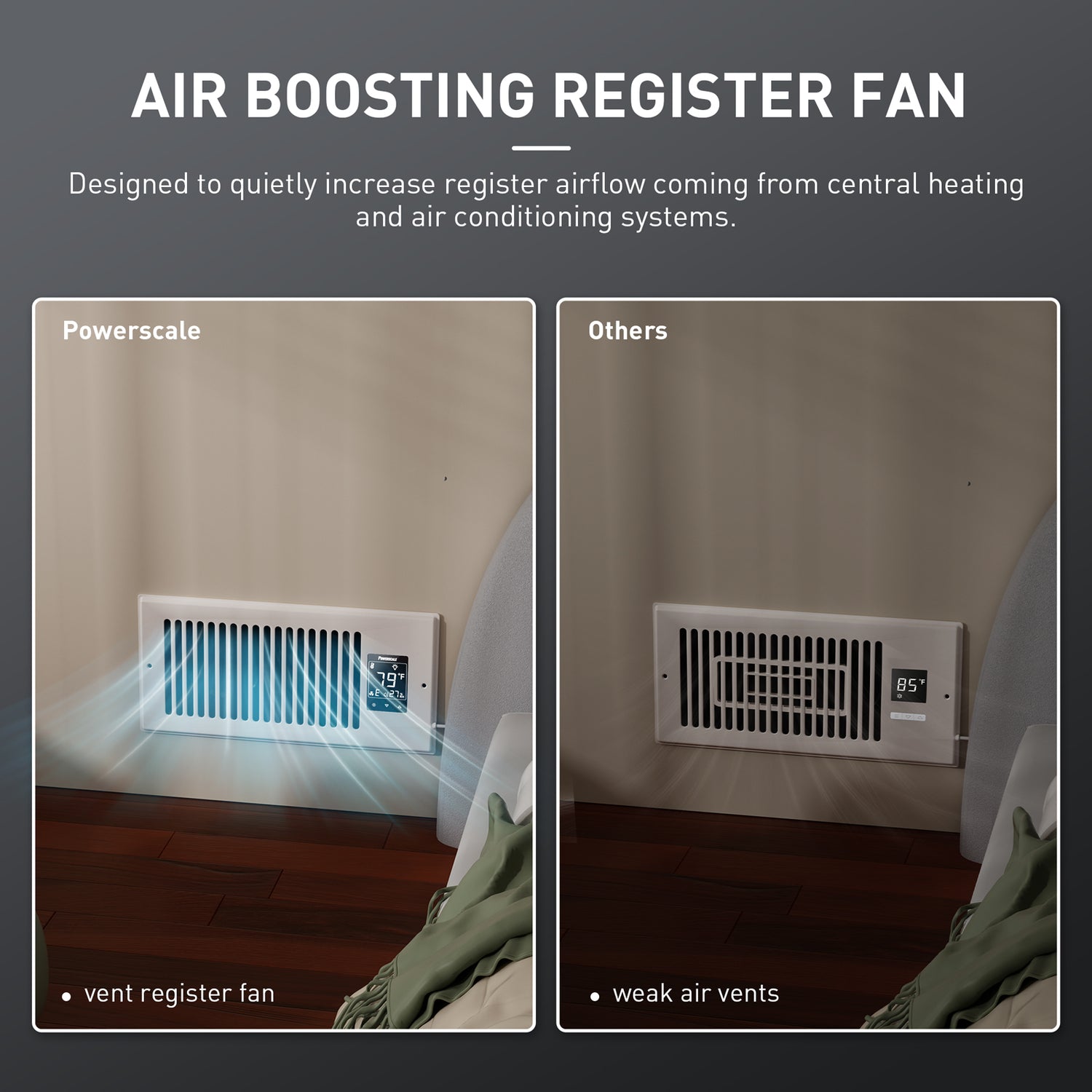 Powerscale Smart Vent fan boosting air with LCD display showing temperature vs weak air vents.