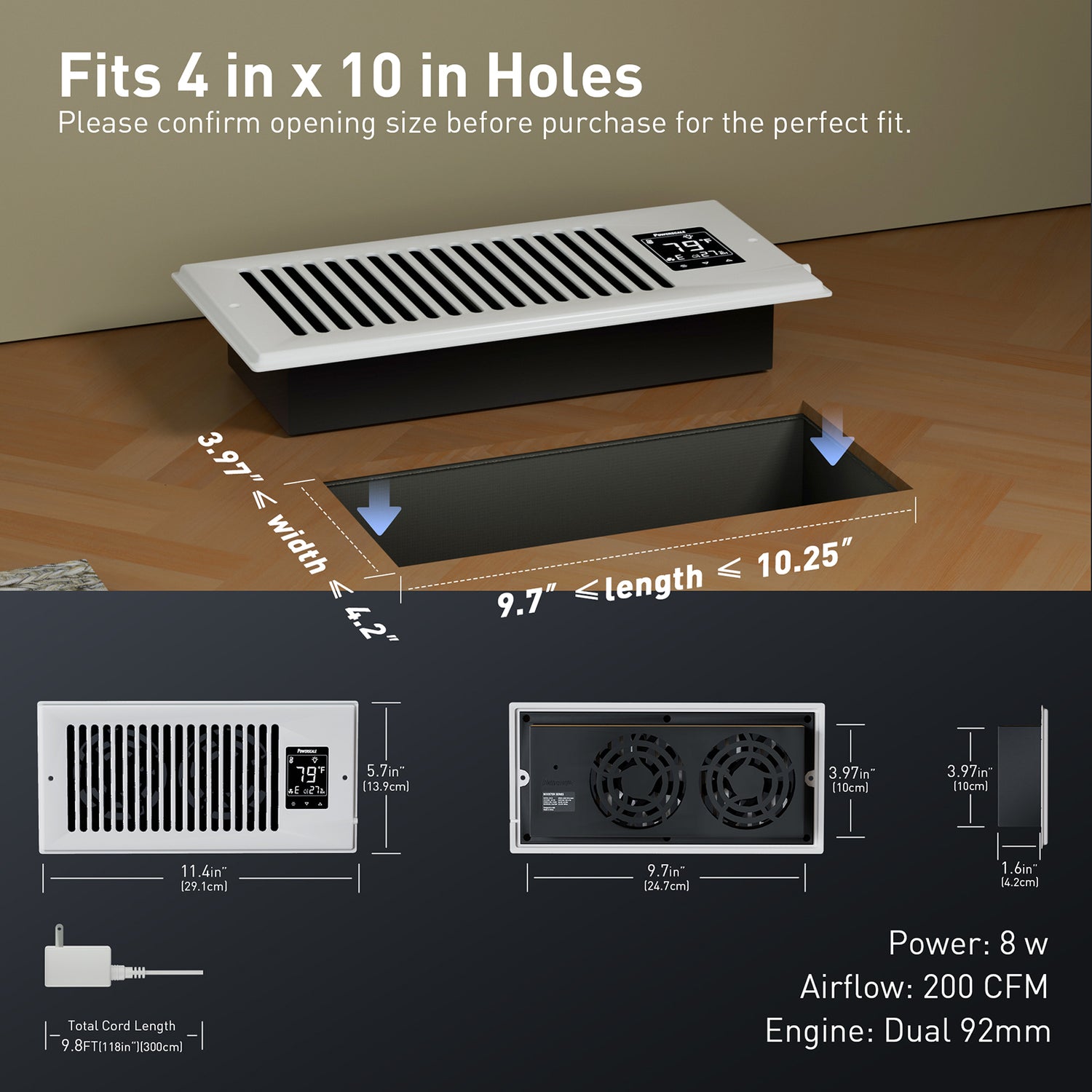 Powerscale Smart Vent Fan, white with LCD, 4x10 inch size, energy efficient.
