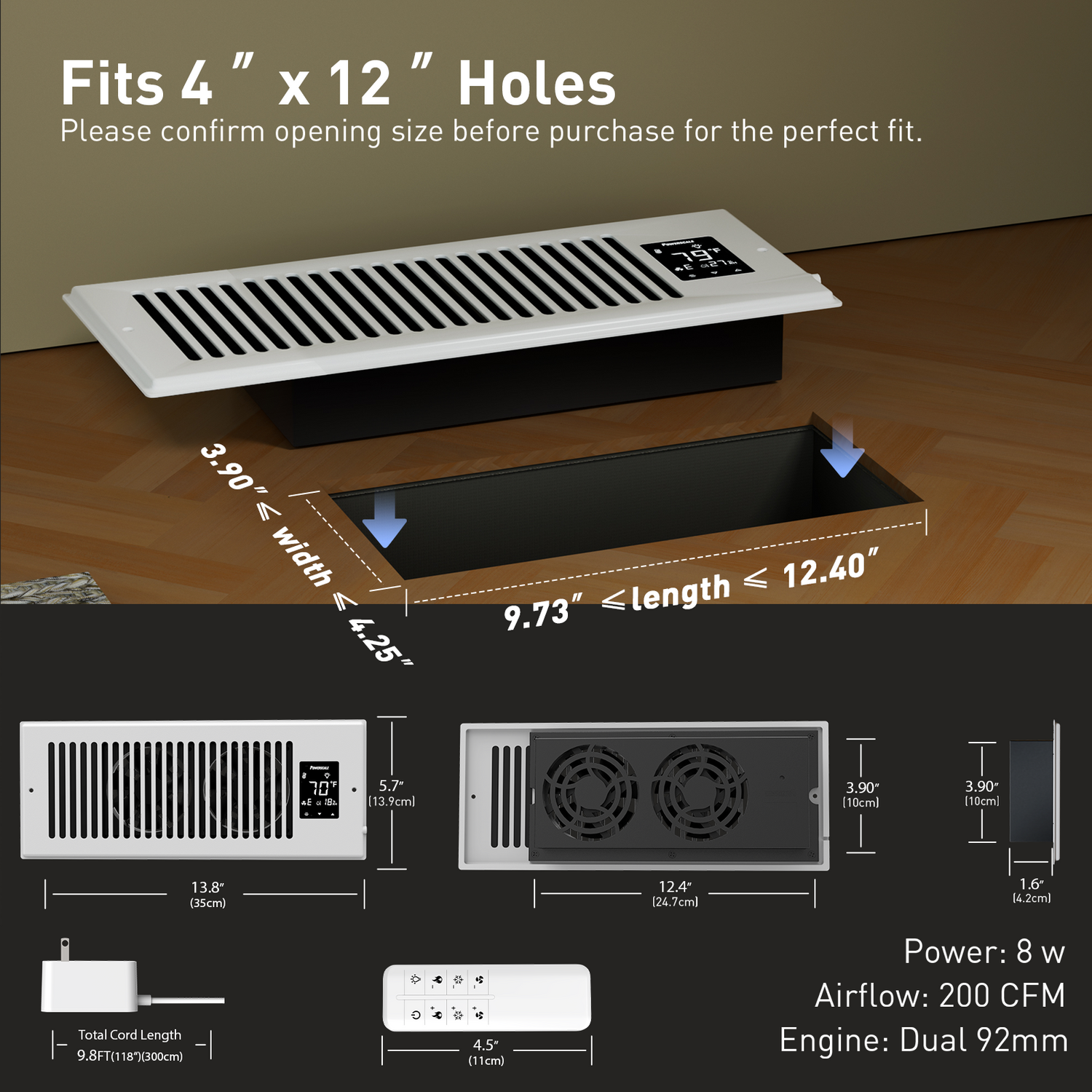 4" x 12" Smart Vent & Strong Air Booster Register Fan with Humidity Sensor