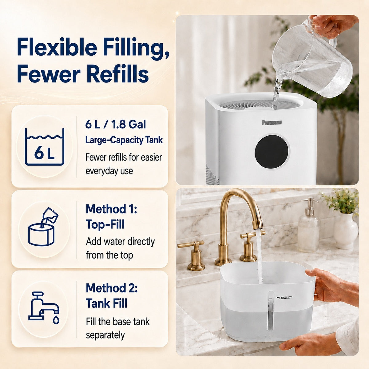 Two CD600 filling methods: pouring water through the top and filling the removable base tank at a sink.