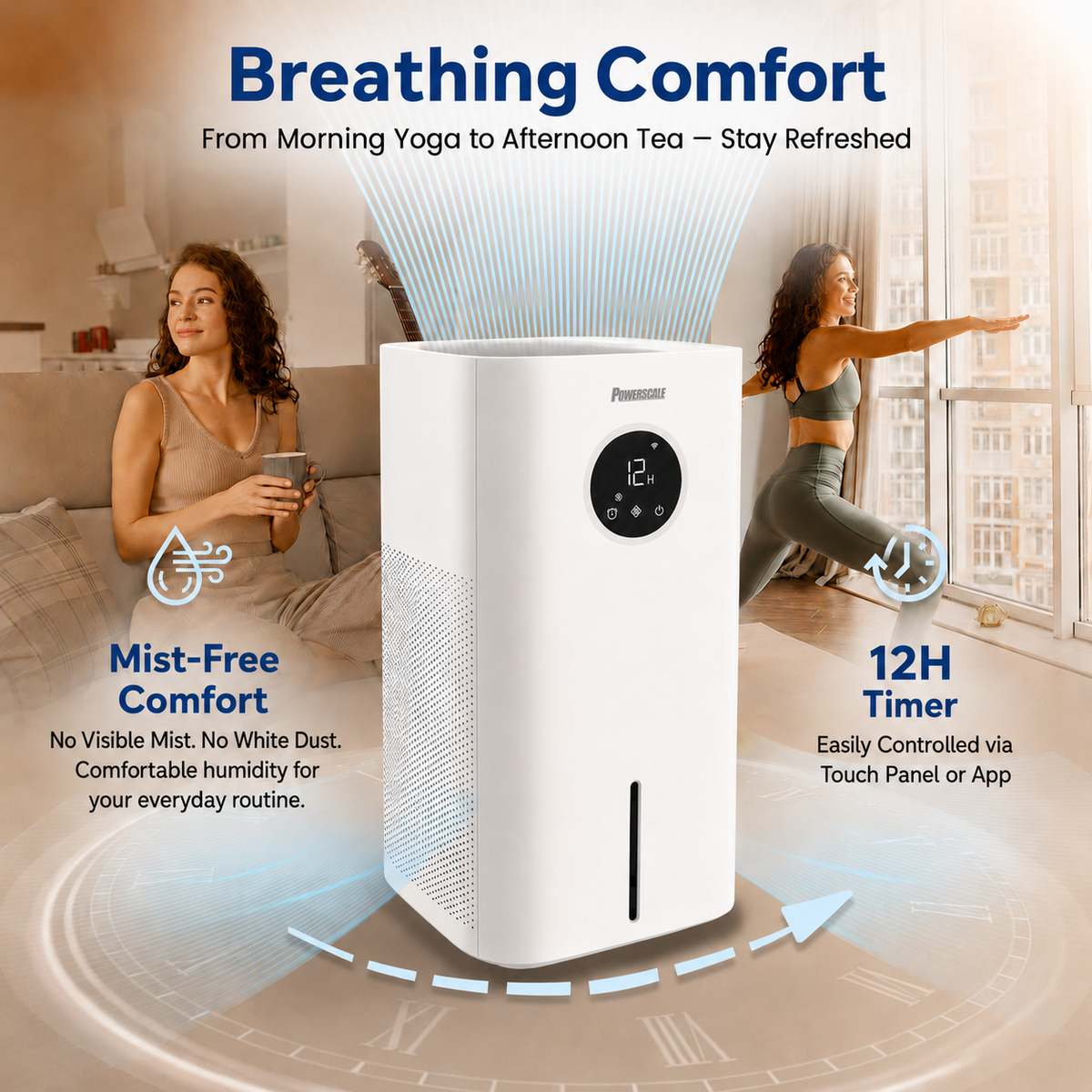 CozyDew CD600 with airflow arrows and a 12-hour timer display, alongside scenes of yoga and relaxing with a drink.