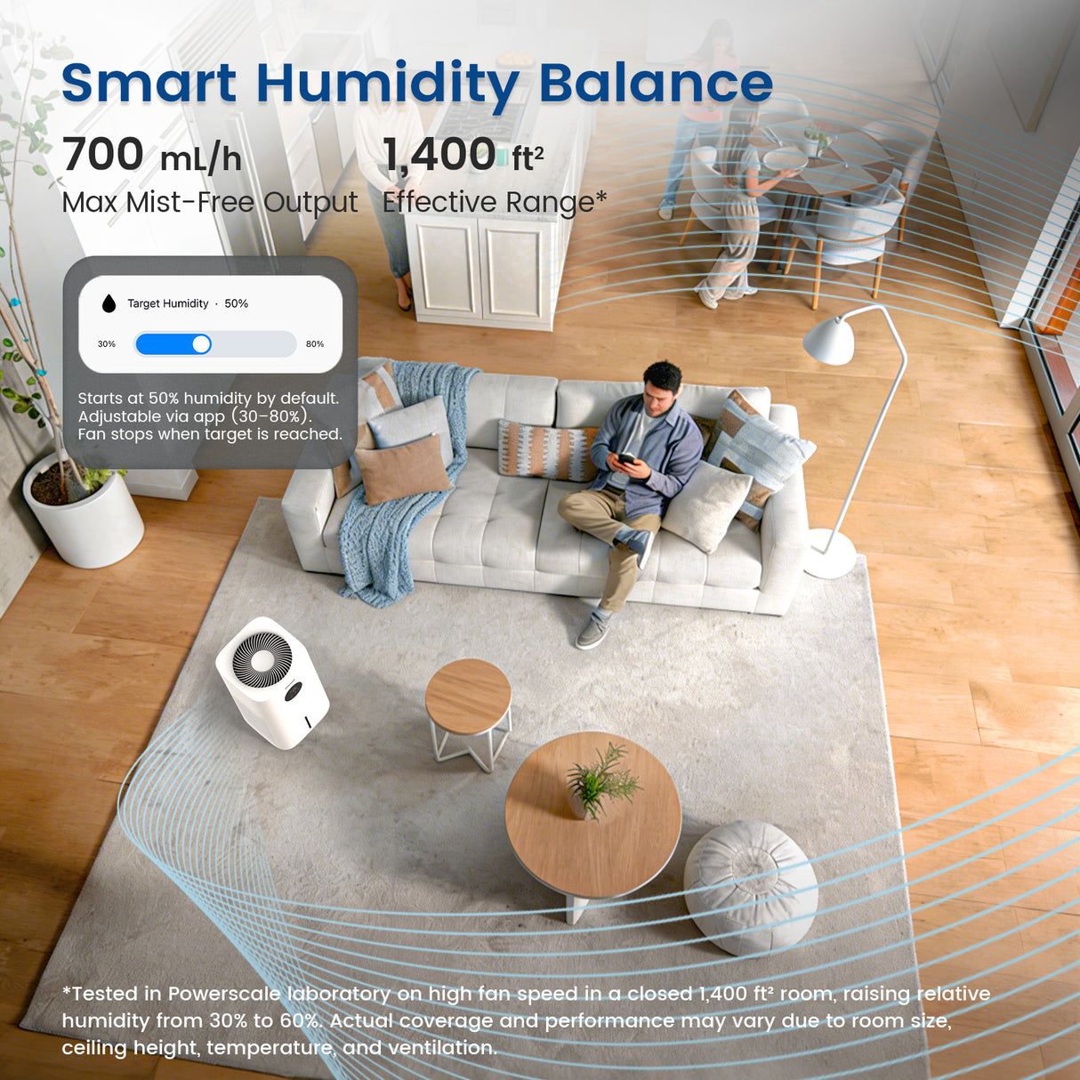 MF6 humidifier touch control panel showing humidity level and timer