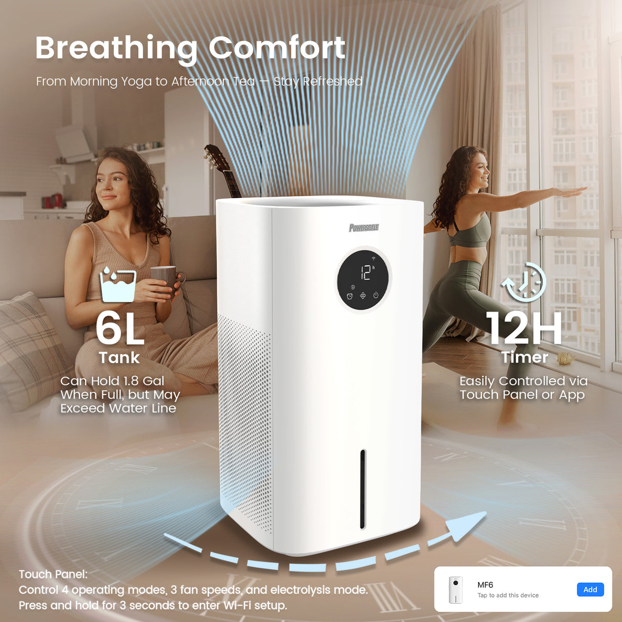 MF6 evaporative humidifier 6L water tank top-fill design