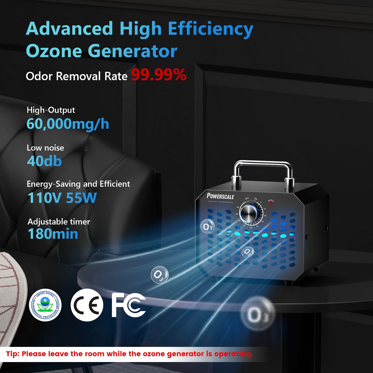 Powerscale Ozone Generator with 60,000mg/h output, removes odors efficiently and with low noise.