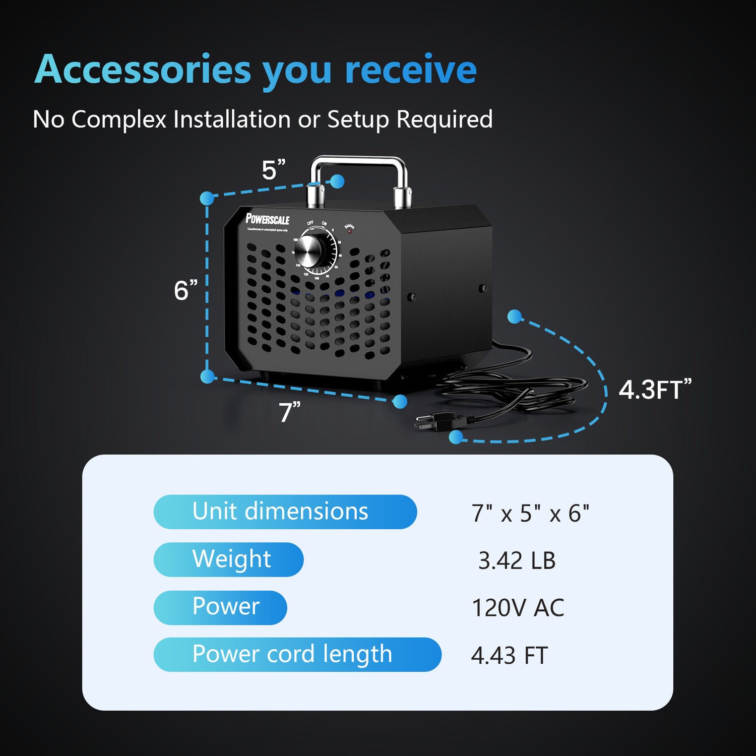Powerscale ozone generator, black, with dimensions, weight, and cord length, ideal for odor removal.