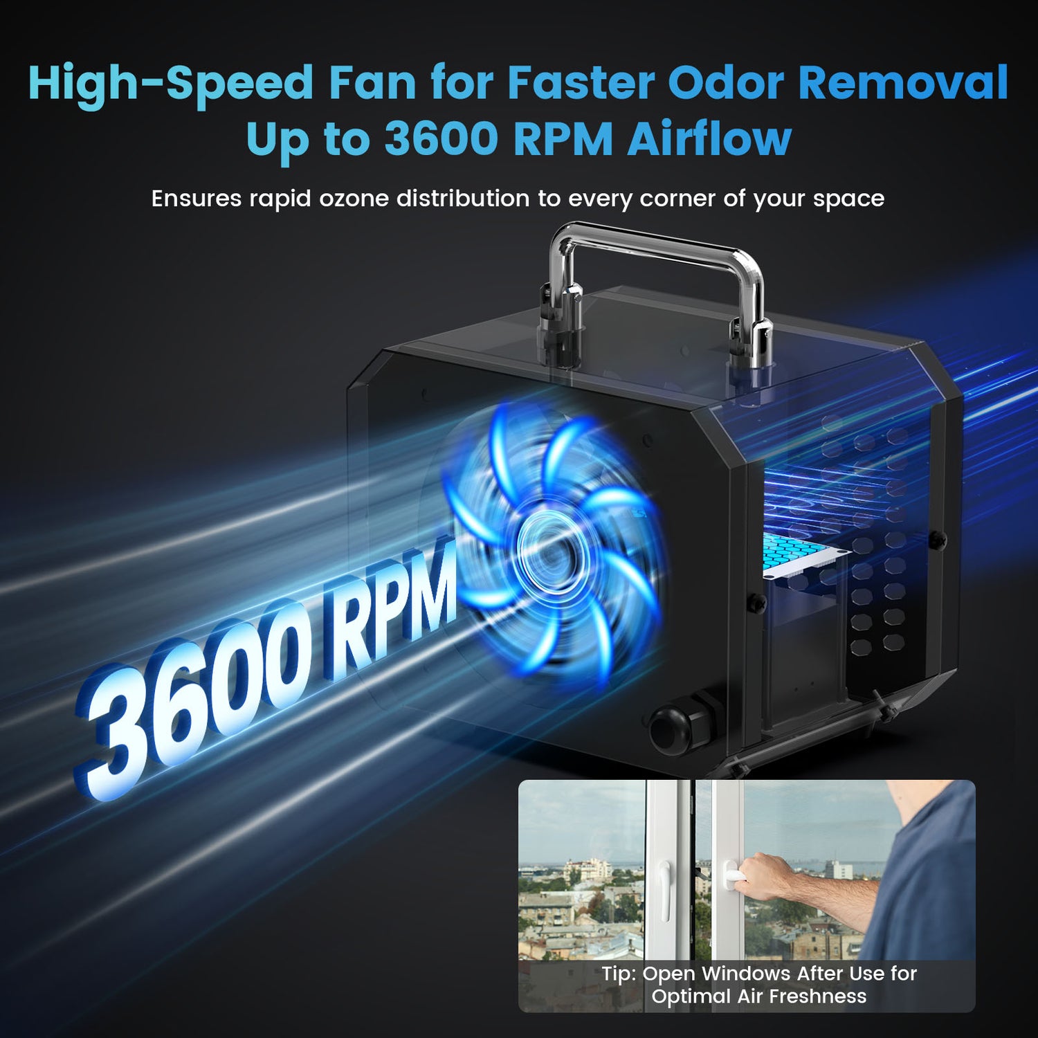 Ozone generator with high-speed fan, removing odors efficiently.