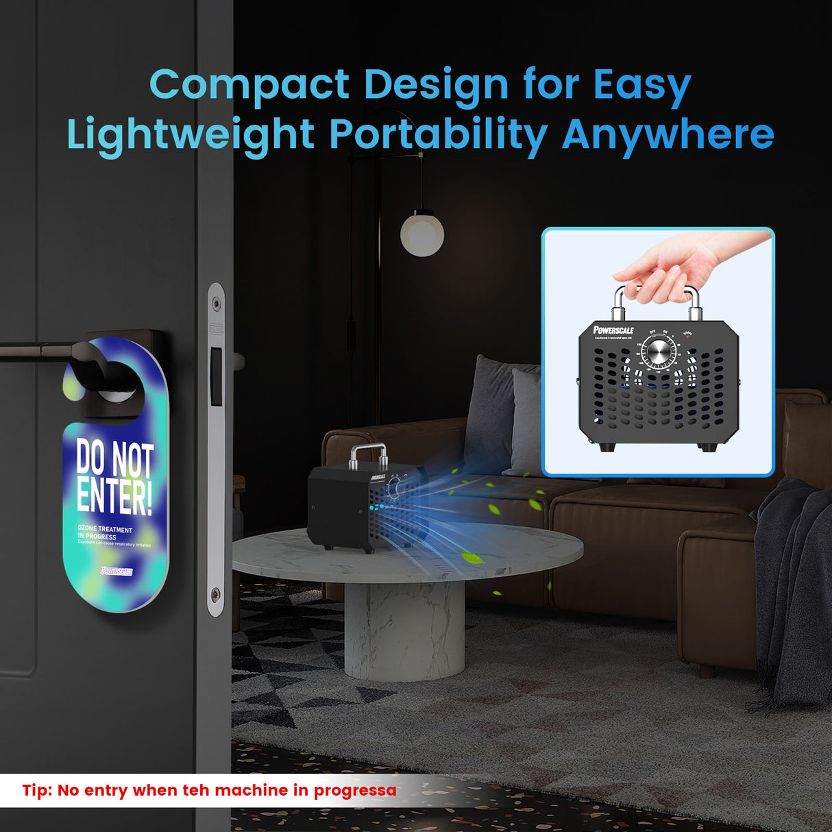 Portable PowerScale ozone generator demonstrating easy use and odor removal capabilities.