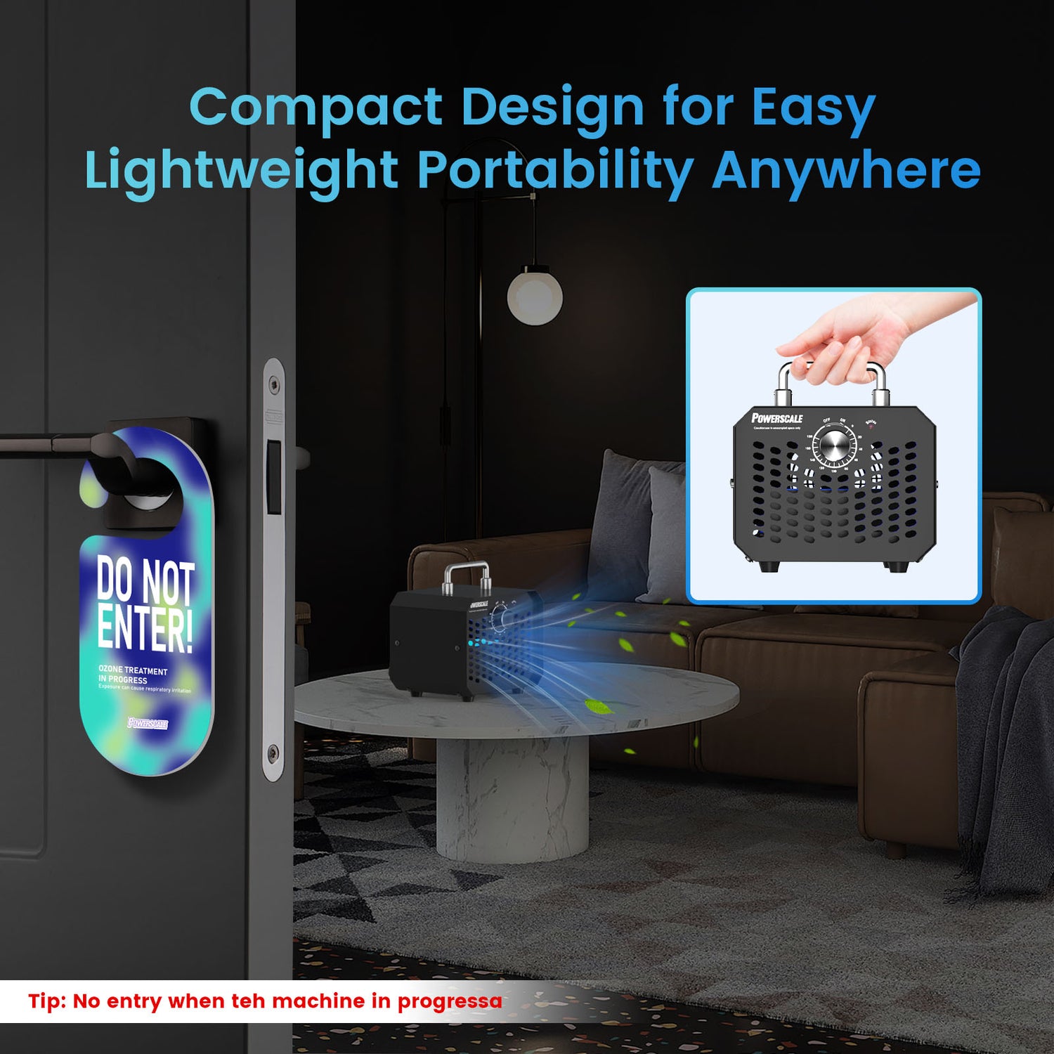 Portable PowerScale ozone generator demonstrating easy use and odor removal capabilities.