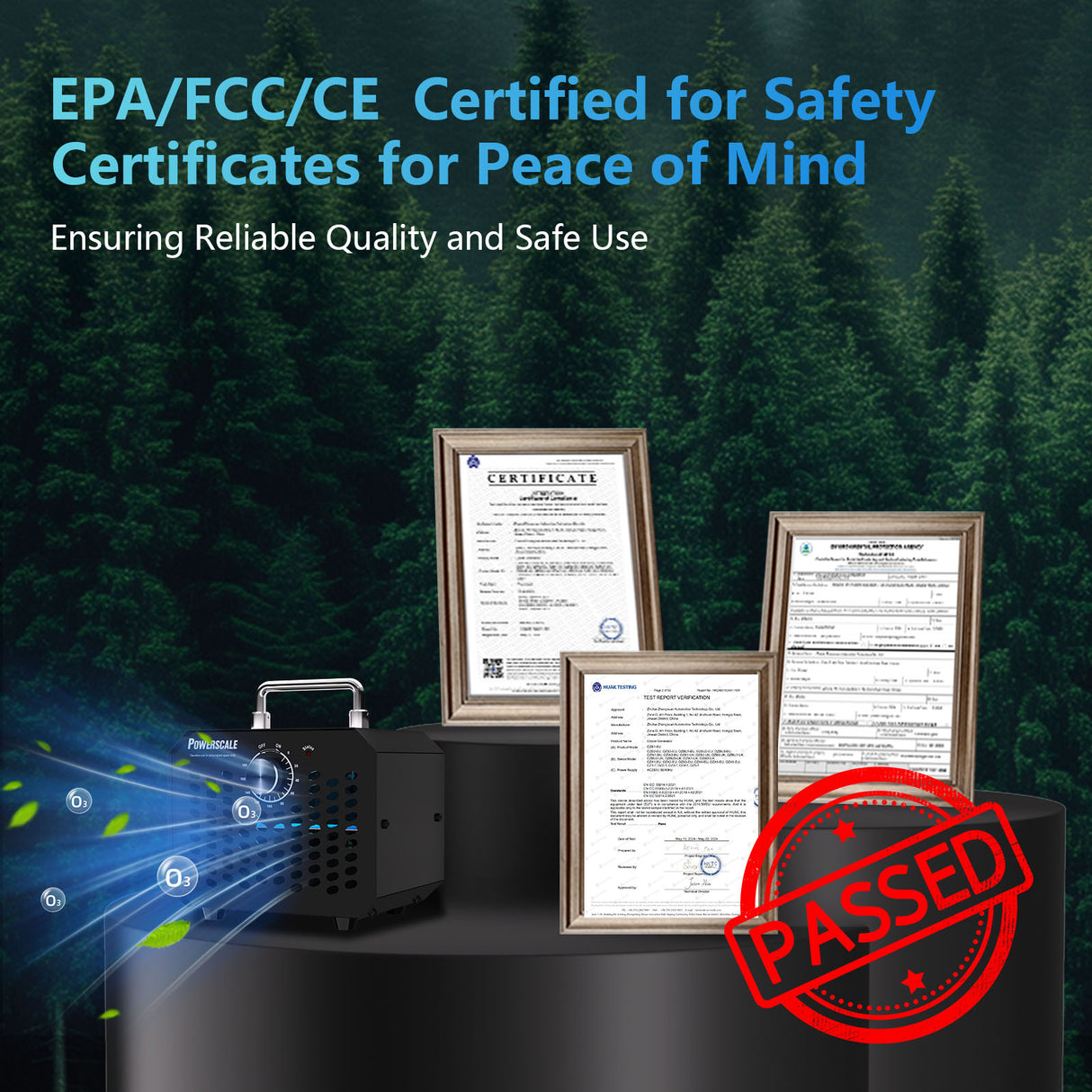 PowerScale ozone generator with safety certifications. Reliable, safe ozone odor removal.