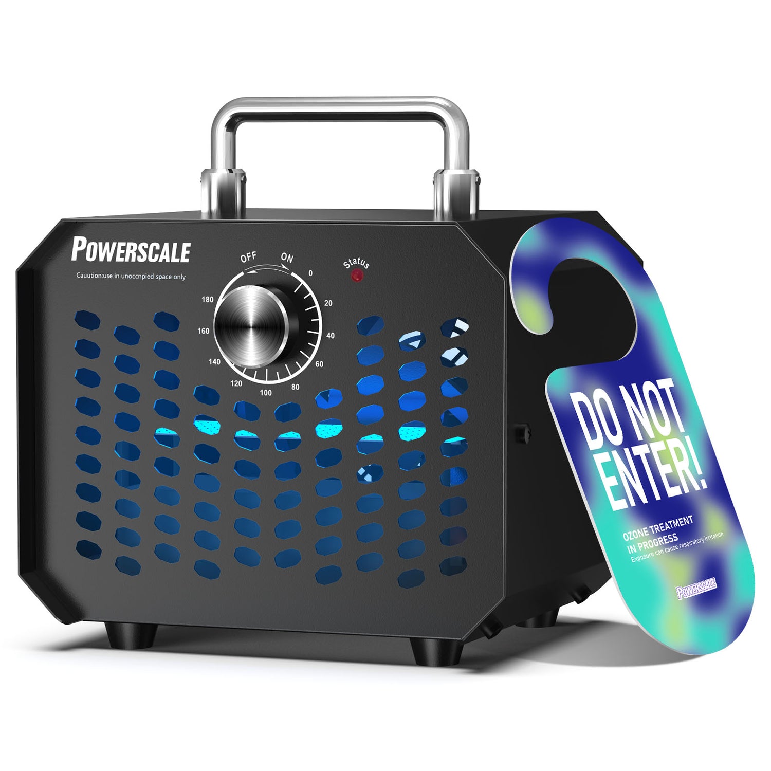 PowerScale Ozone Generator for odor removal, with timer and safety warning.