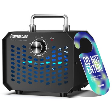 PowerScale Ozone Generator for odor removal, with timer and safety warning.