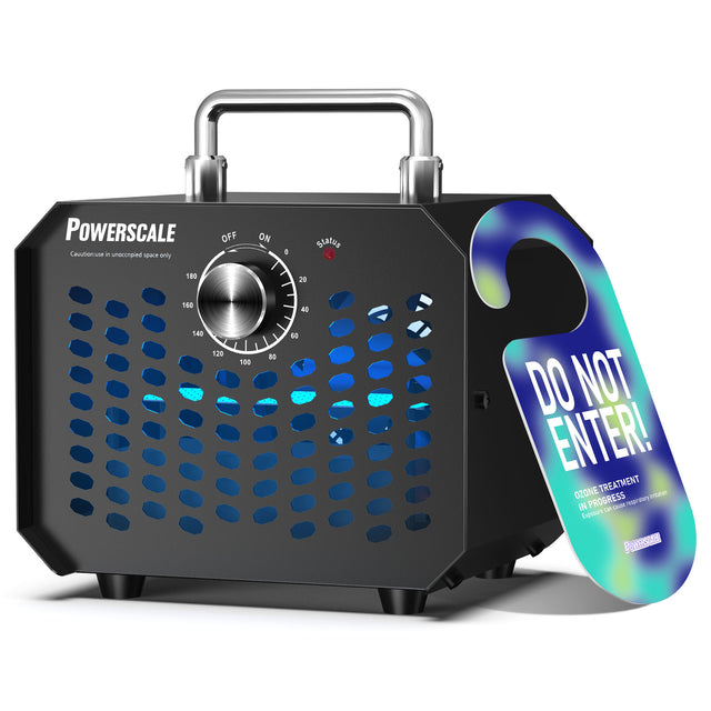 PowerScale Ozone Generator for odor removal, with timer and safety warning.
