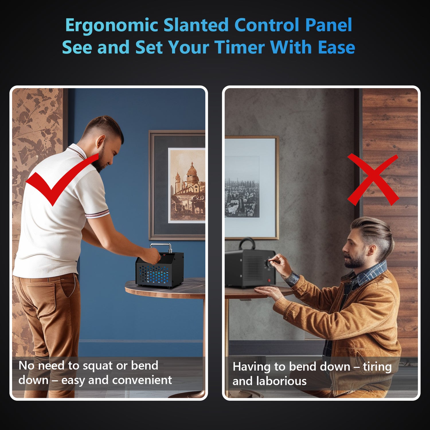 Powerscale Ozone Generator ergonomic control panel, easy timer access compared to difficult access.