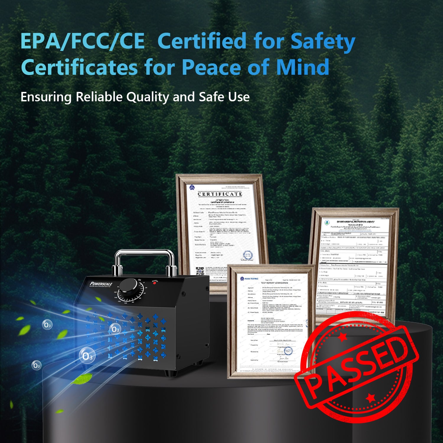 Powerscale Ozone Generator with safety certifications for reliable air purification.