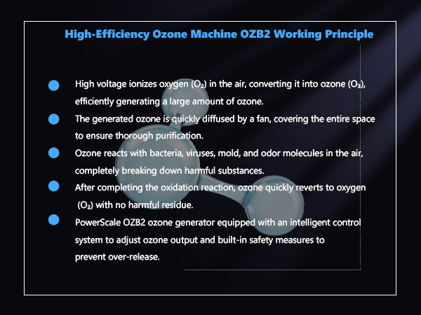 Powerscale OZB2 Ozone Generator: Ozone generation process, air purification, and safety features.