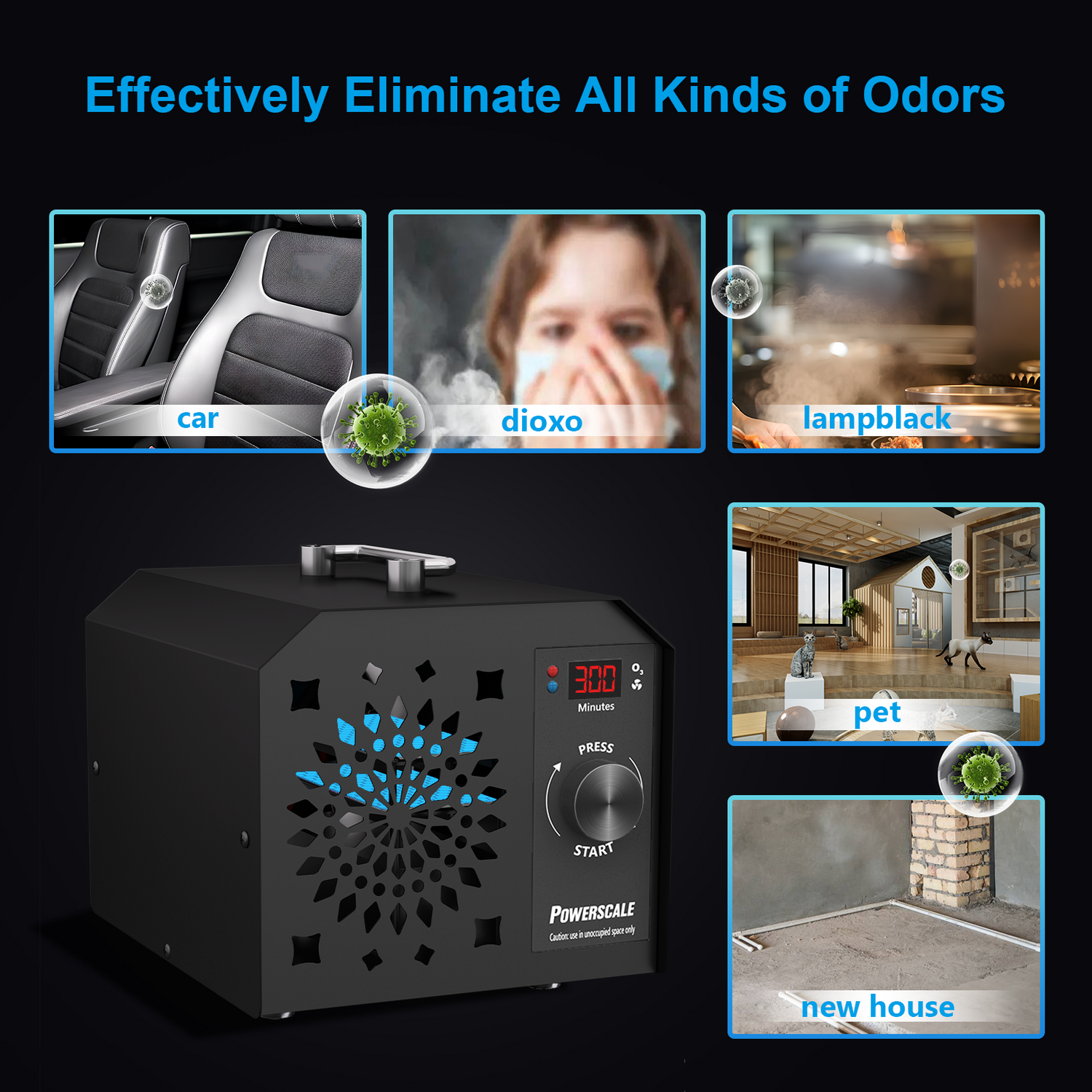 Powerscale ozone generator, black with digital display, for odor elimination.