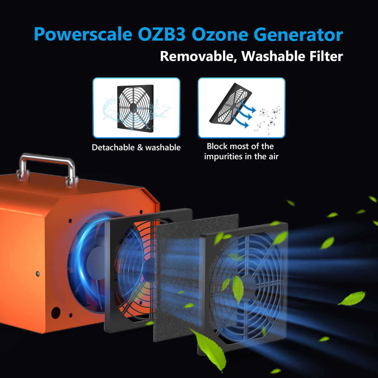 Powerscale OZB3 Ozone Generator showing detachable filter, for air purification.