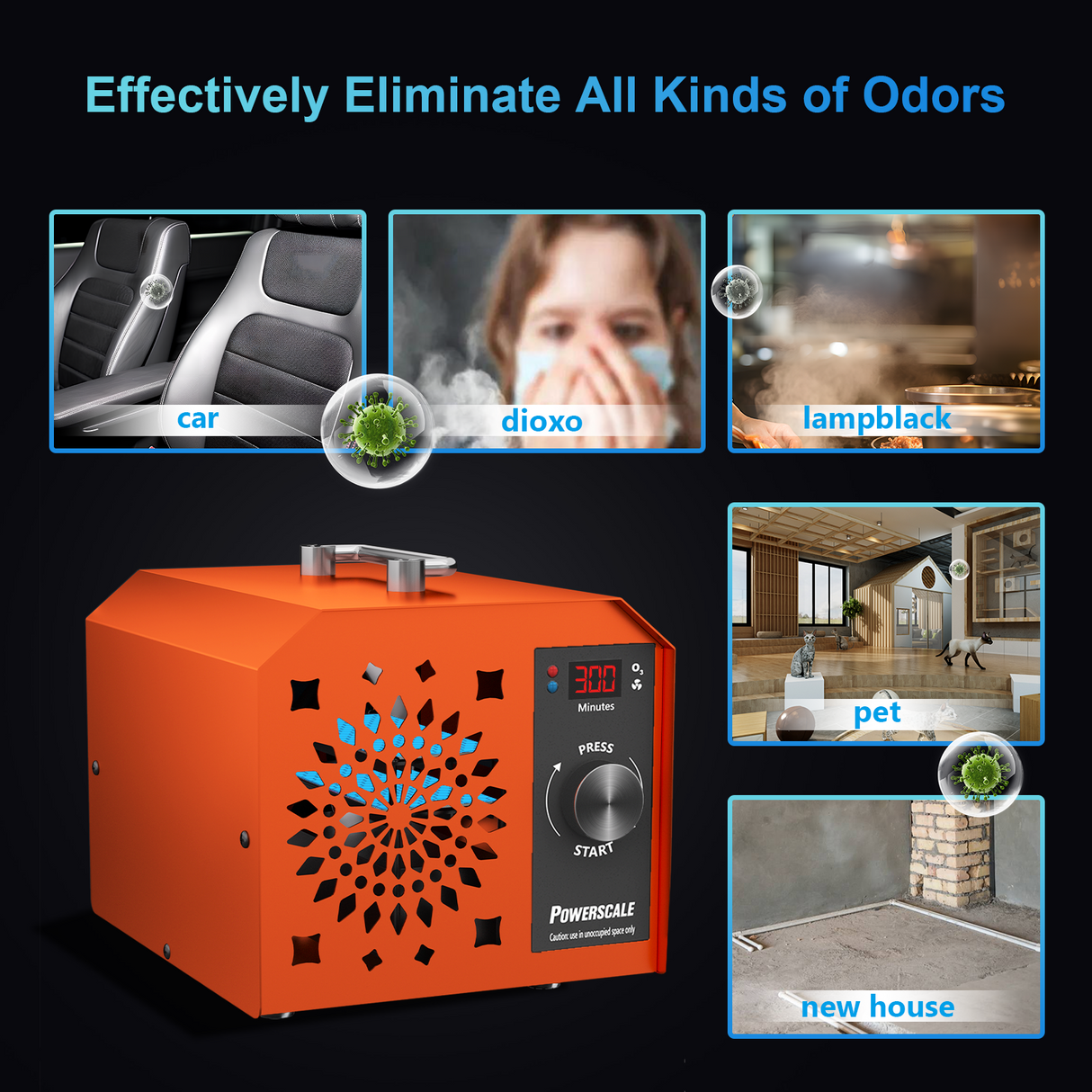 Powerscale ozone machine in orange, effectively eliminates odors and purifies air in large spaces.