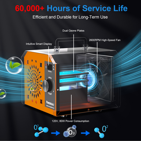 Powerscale ozone generator with intuitive display, dual plates and high-speed fan for large spaces.