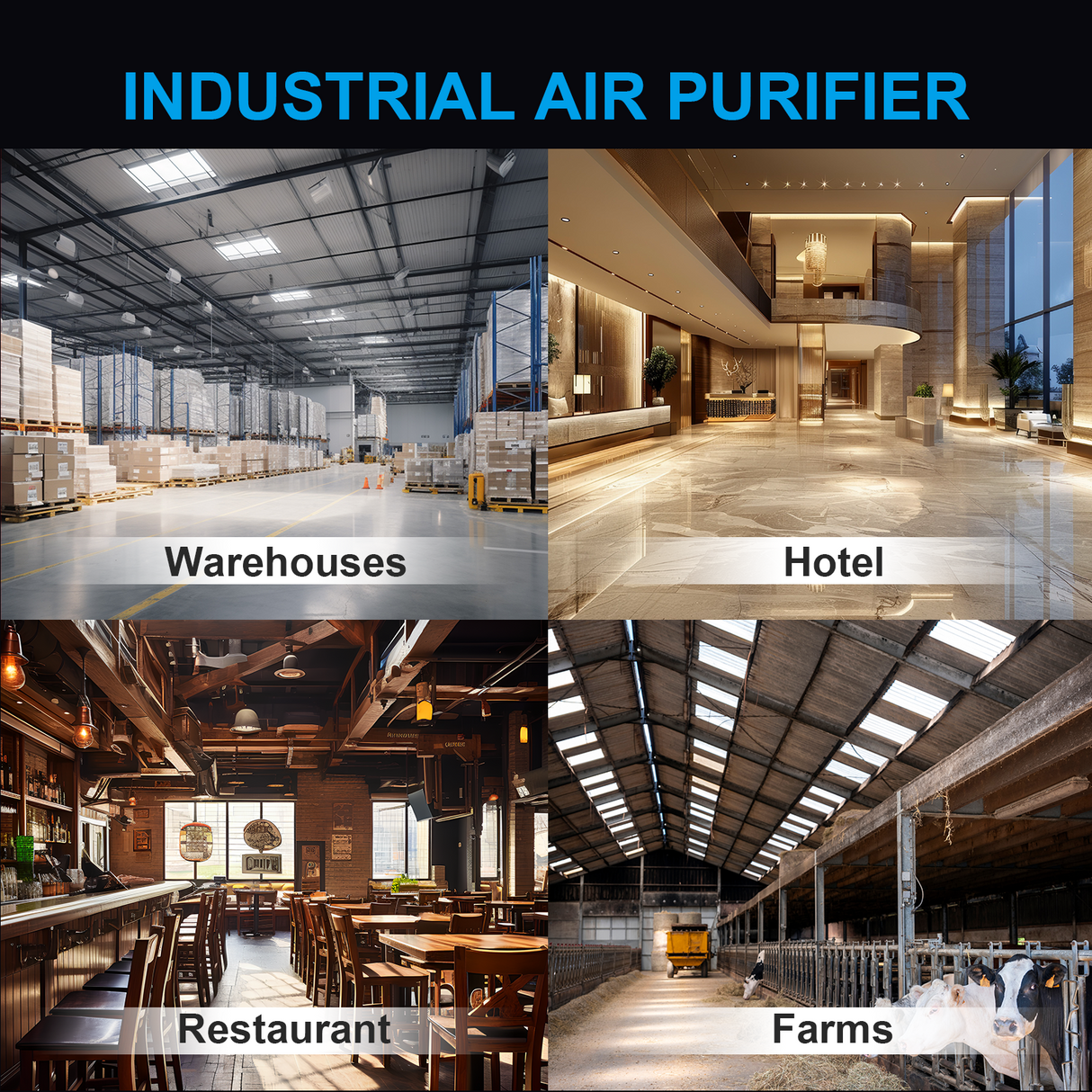Industrial air purifier in various settings: warehouses, hotels, restaurants, and farms
