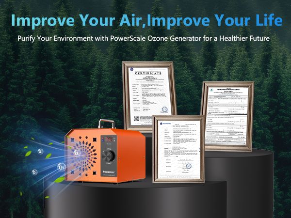 Powerscale Ozone Generator, orange air purifier with certificates, improve air quality