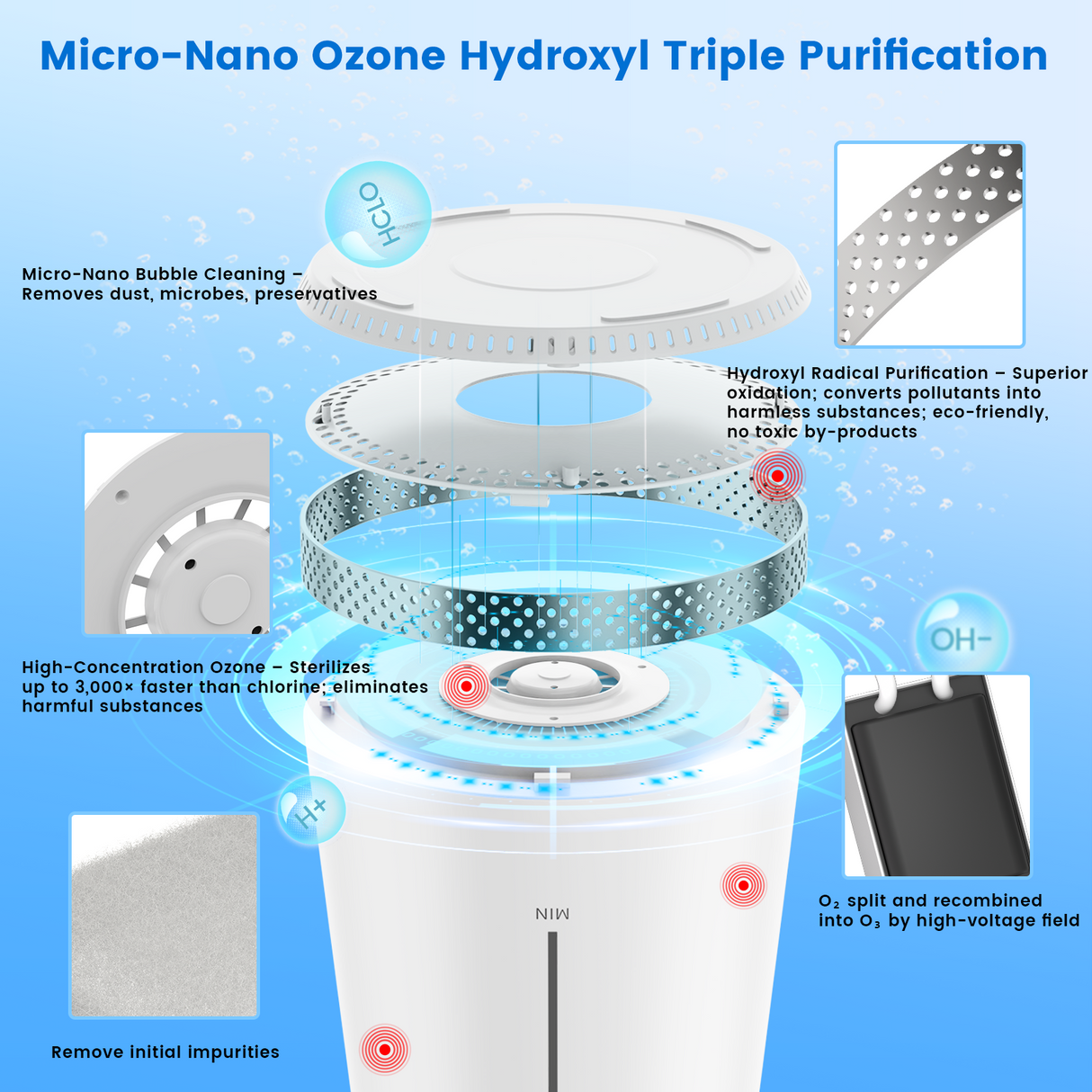 Ozone generator diagram: Micro-Nano purification for fruit and vegetables.