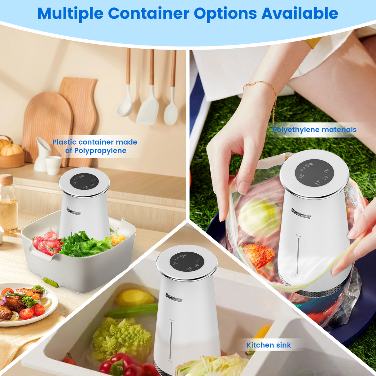 Powerscale Ozone Generator cleaning produce in different containers, fruit, and vegetables.