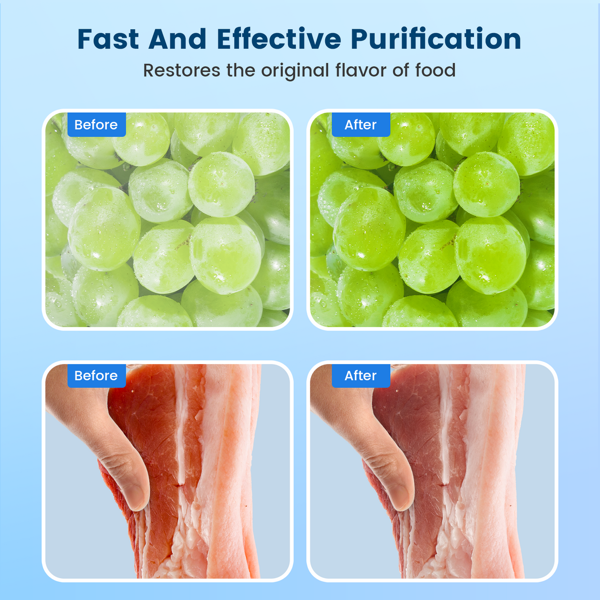 Ozone purification comparison: fresh grapes and meat, showcasing before and after results.
