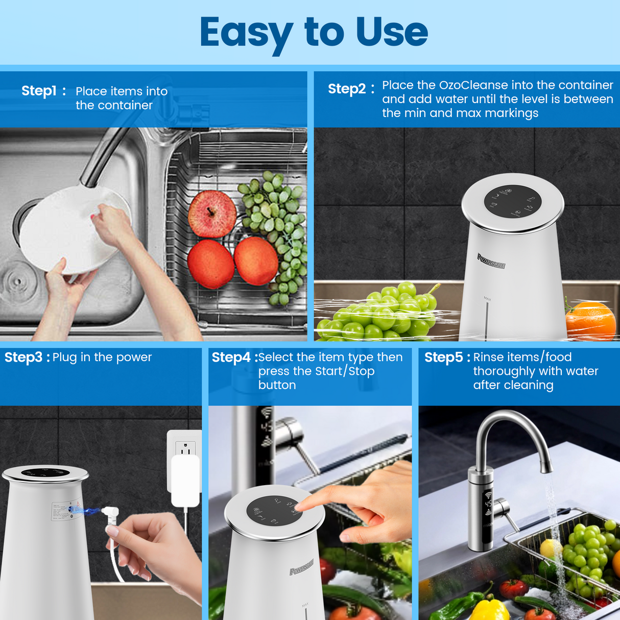 Powerscale OzoCleanse fruit and vegetable cleaner: Step-by-step guide for easy use.