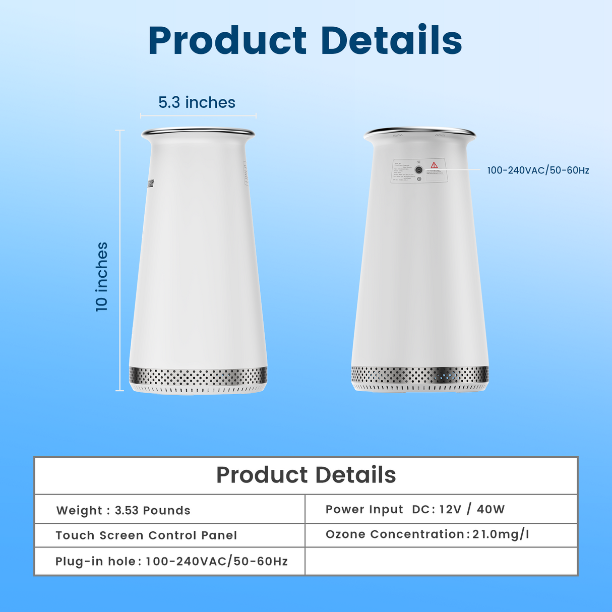 PowerScale Ozone Generator Product Details: white design, dimensions, and technical specifications.