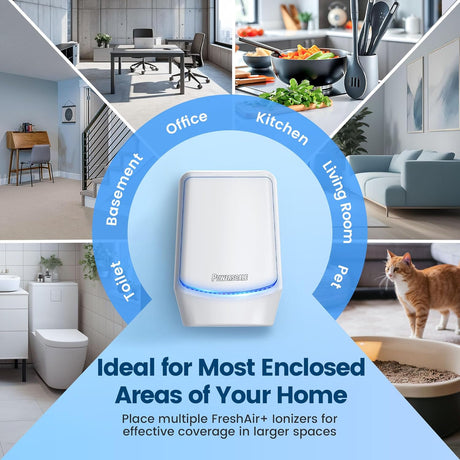 POWERSCALE FreshAir+ Ionizer displayed centrally with surrounding images showing its use in multiple home areas including office, kitchen, living room, bathroom, basement and pet spaces