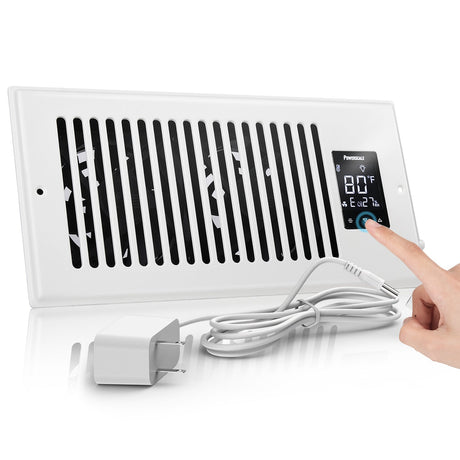A white vent booster fan being operated by a finger touching the digital display, with a power adapter nearby.