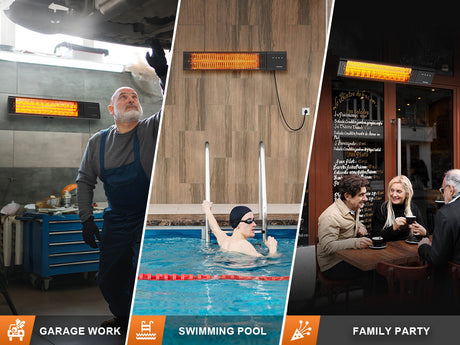 Infrared heaters in various settings: a garage, an indoor pool, and an outdoor café patio.