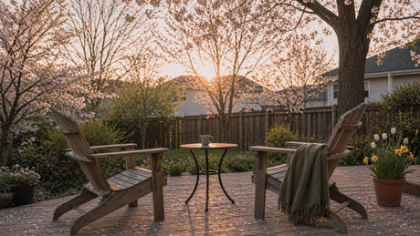 Empty suburban patio with two Adirondack chairs at golden hour in early spring — beautiful but too cold to use