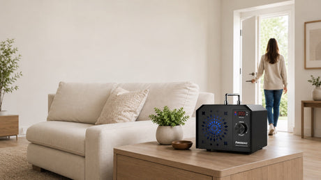 Powerscale ozone generator running safely in a bright modern living room