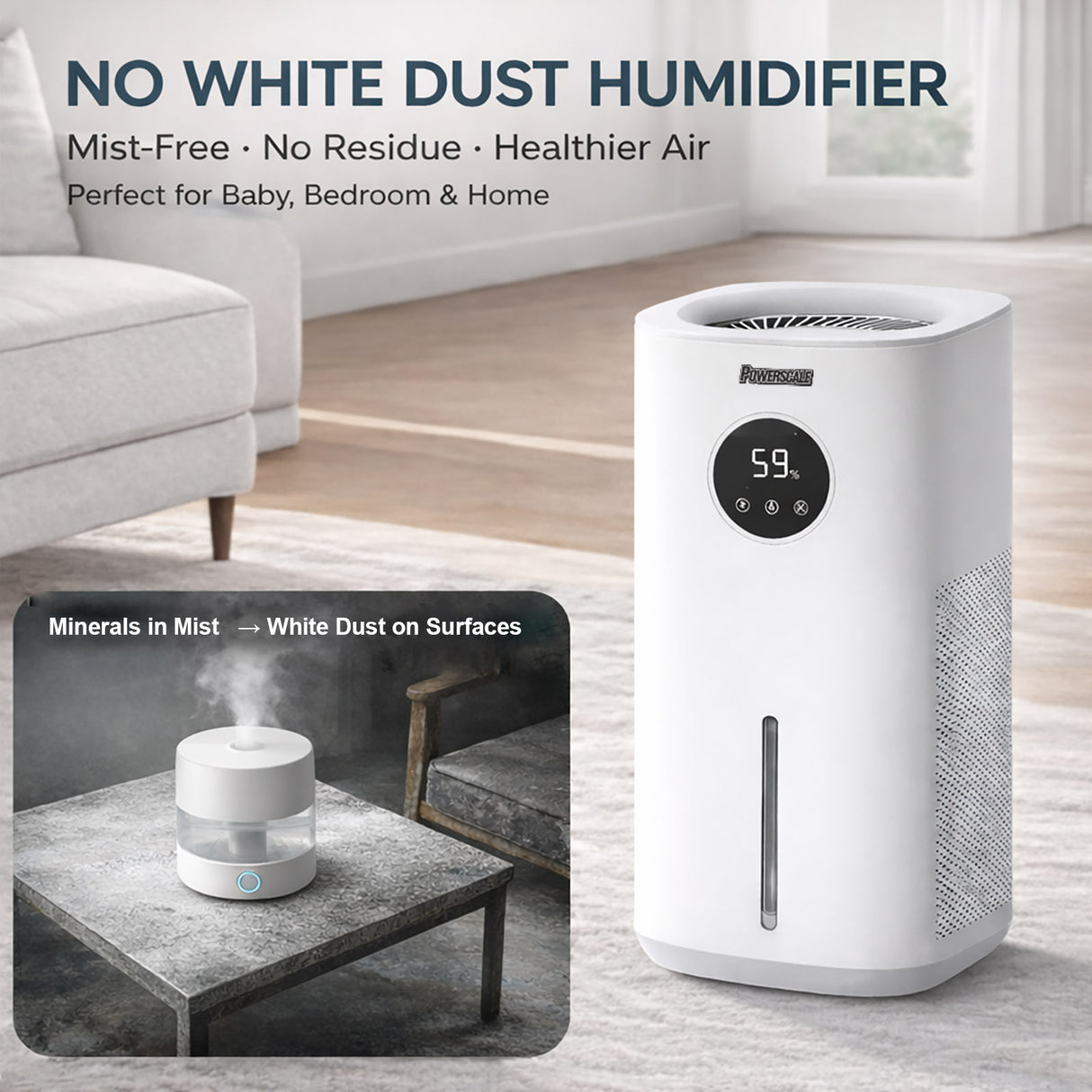 MF6 evaporative humidifier on a nightstand in a bedroom