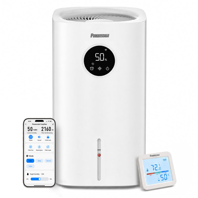 Powerscale CozyDew CD600 evaporative humidifier with touch display, separate humidity sensor and smartphone app.
