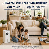 CozyDew CD600 in an open-plan living room, with labels for 700 mL/h output and up to 700 sq ft coverage depending on conditions.