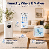 CozyDew CD600 in a living room with the TrueRoom Sensor on a table and app controls illustrating separate room sensing.