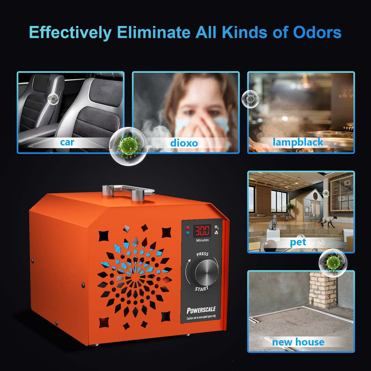 Powerscale Commercial Ozone Machine 250,000mg/h Odor Removal Intelligent Control Ozone Generator Odor Eliminator OZB3 for Large Homes Offices High Capacity Ozone Air Purifier to 21,000sq.ft. Orange